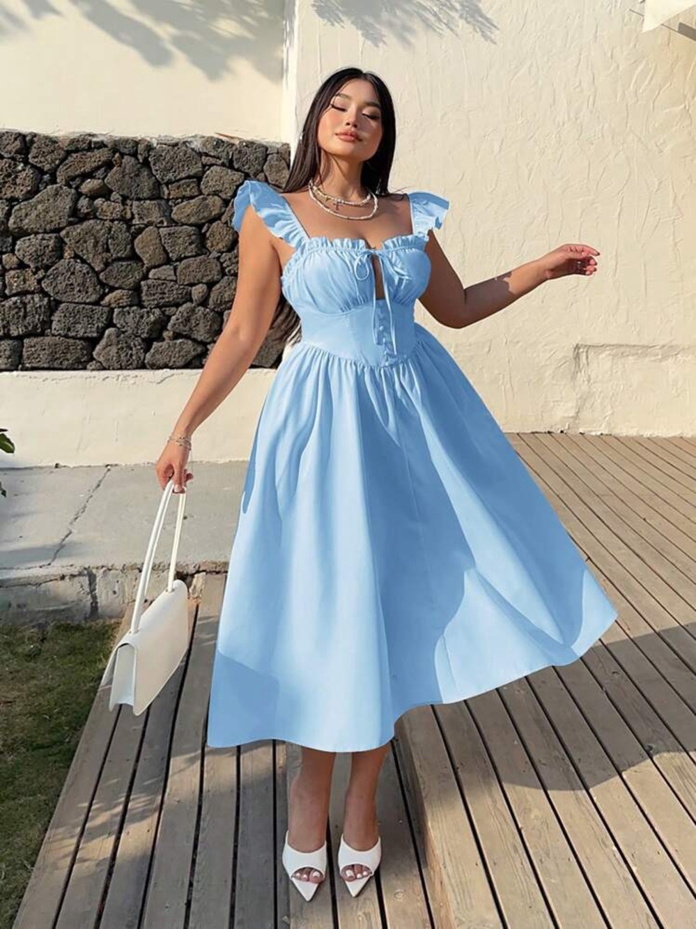 Plus Size Baby Blue Ruffle Strap Midi Dress - Corset Like Bodice - Milkmaid